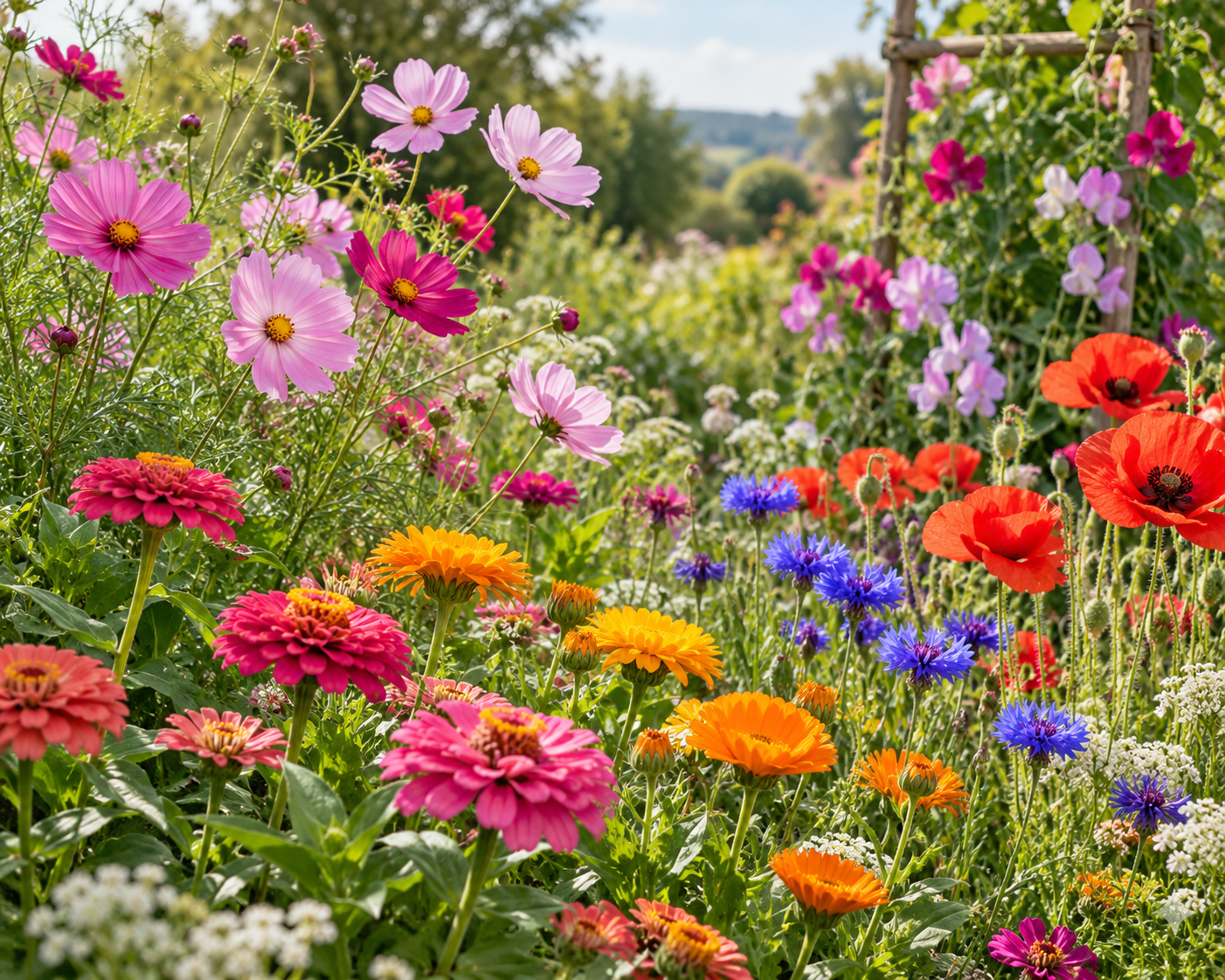 Cottage garden border of cosmos, zinnias, poppies, cornflowers, and sweet peas