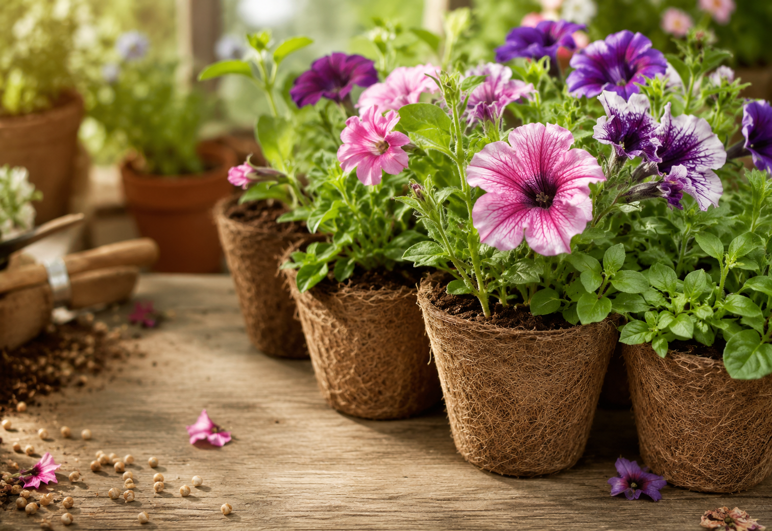 Flower seed sowing setup with pots, seedlings, and petals on a potting bench