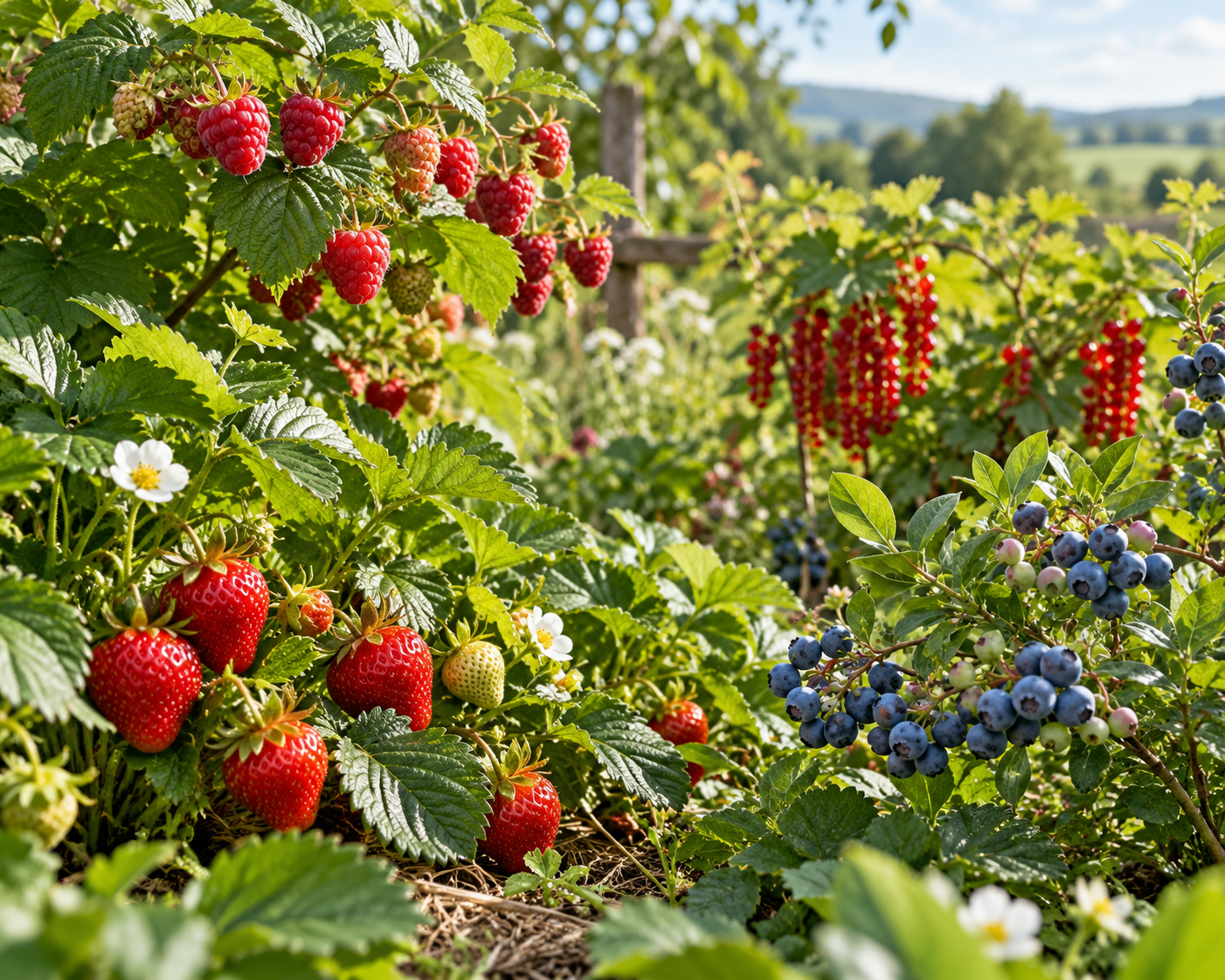 Fruit garden with ripe strawberries, raspberries, redcurrants, and blueberries