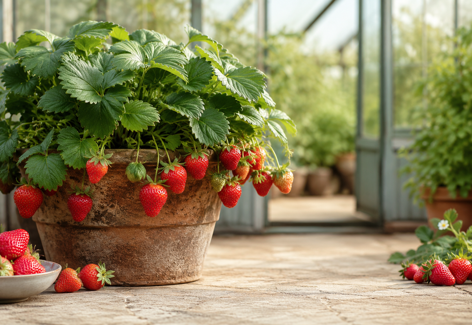 Berry seedlings, fruit, seed envelopes, and compost on a potting bench