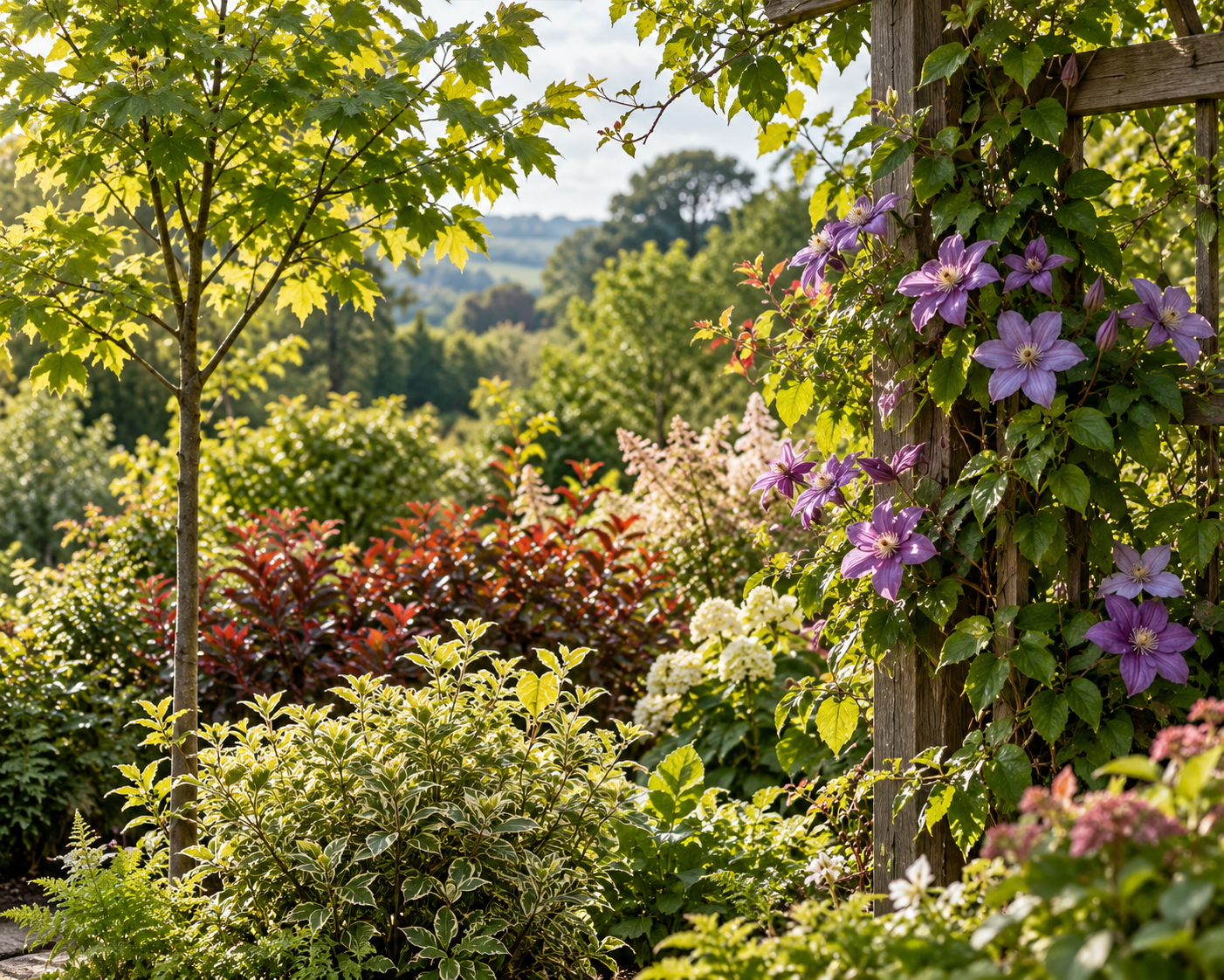 Garden of young trees and shrubs with a purple clematis climbing a wooden pergola