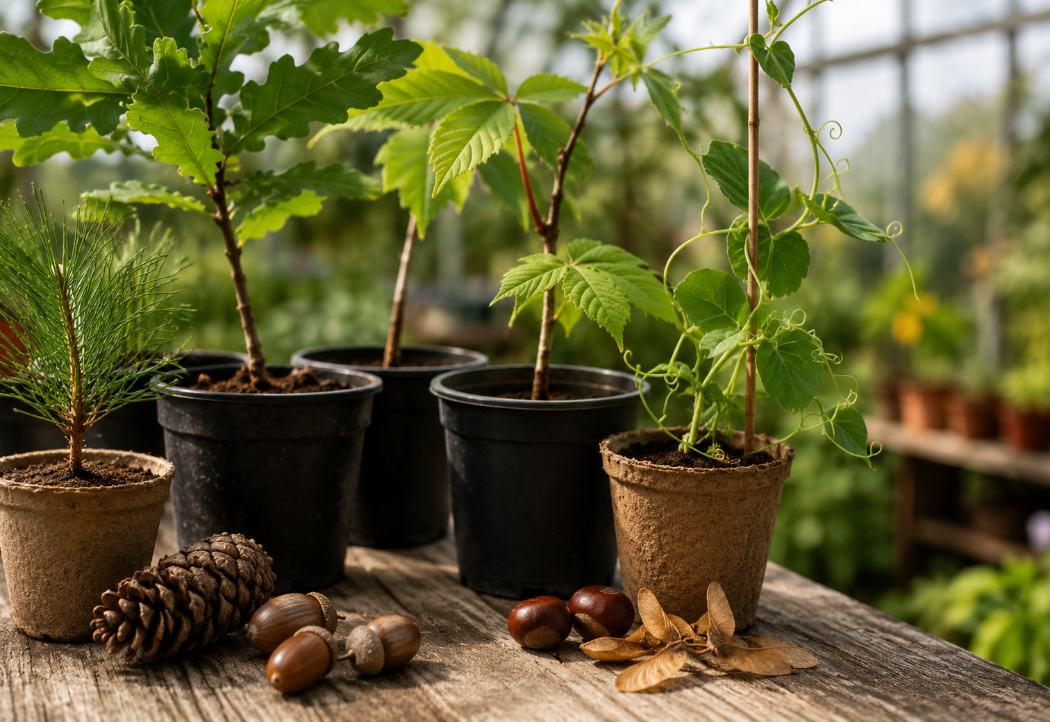 Tree, shrub, and climber seeds with young plants on a wooden potting bench