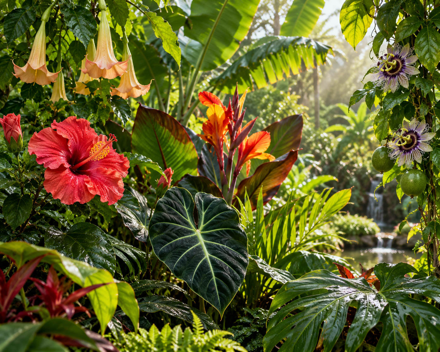 Lush tropical planting with hibiscus, brugmansia, canna, and passion flowers