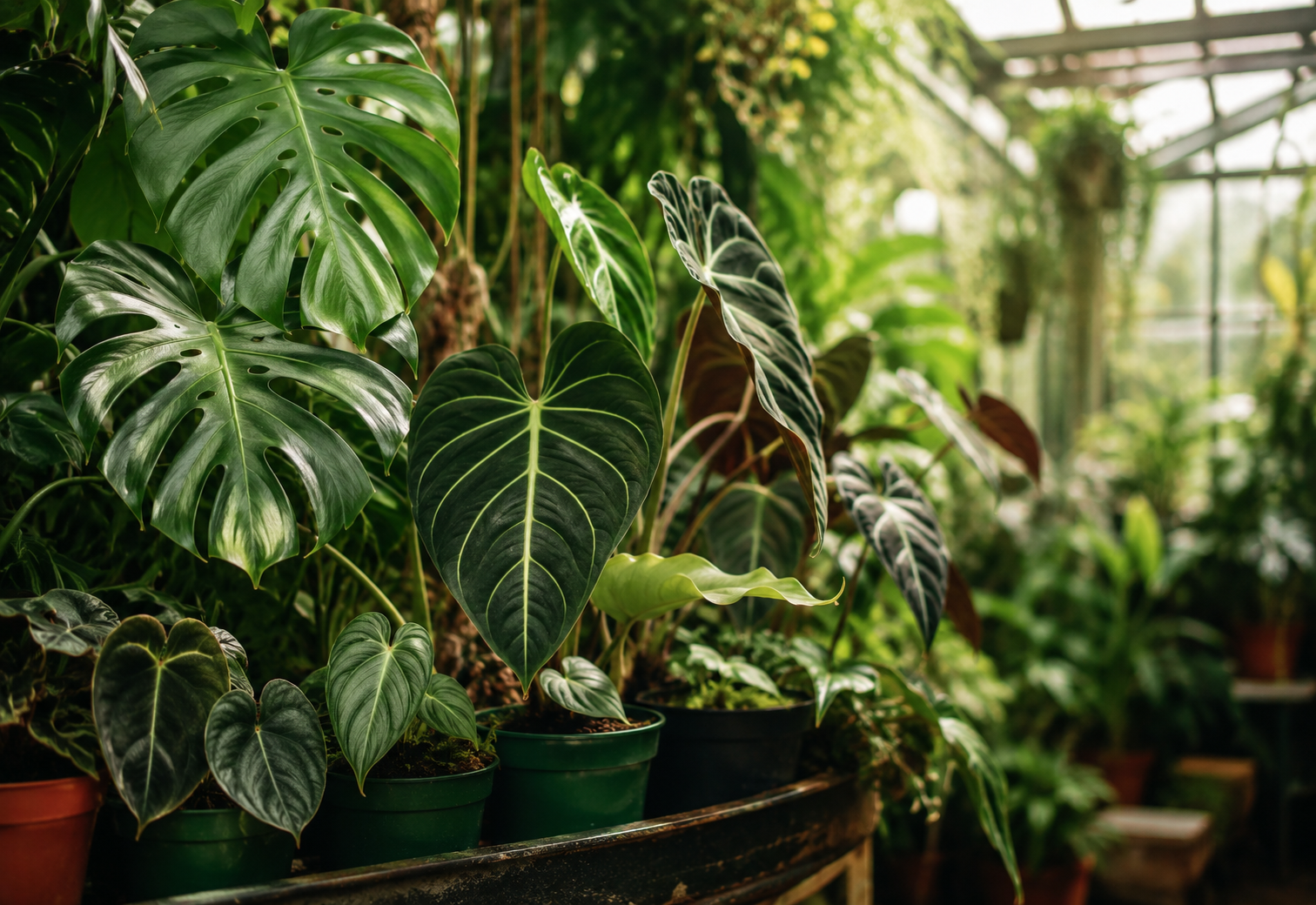 Tropical seeds, propagation pots, and leafy greenhouse plants