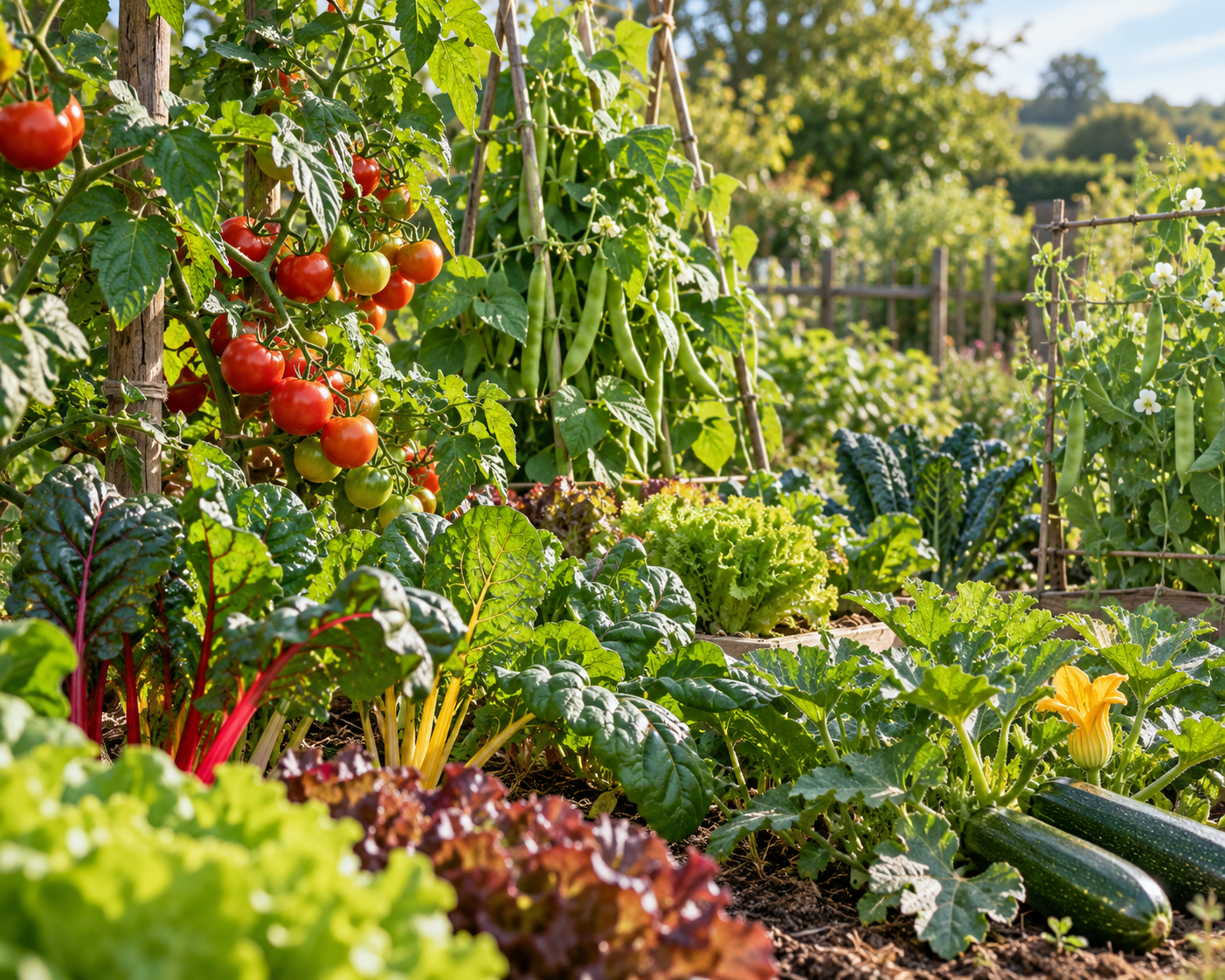 Vegetable garden with tomatoes, climbing beans, chard, lettuce, and courgettes