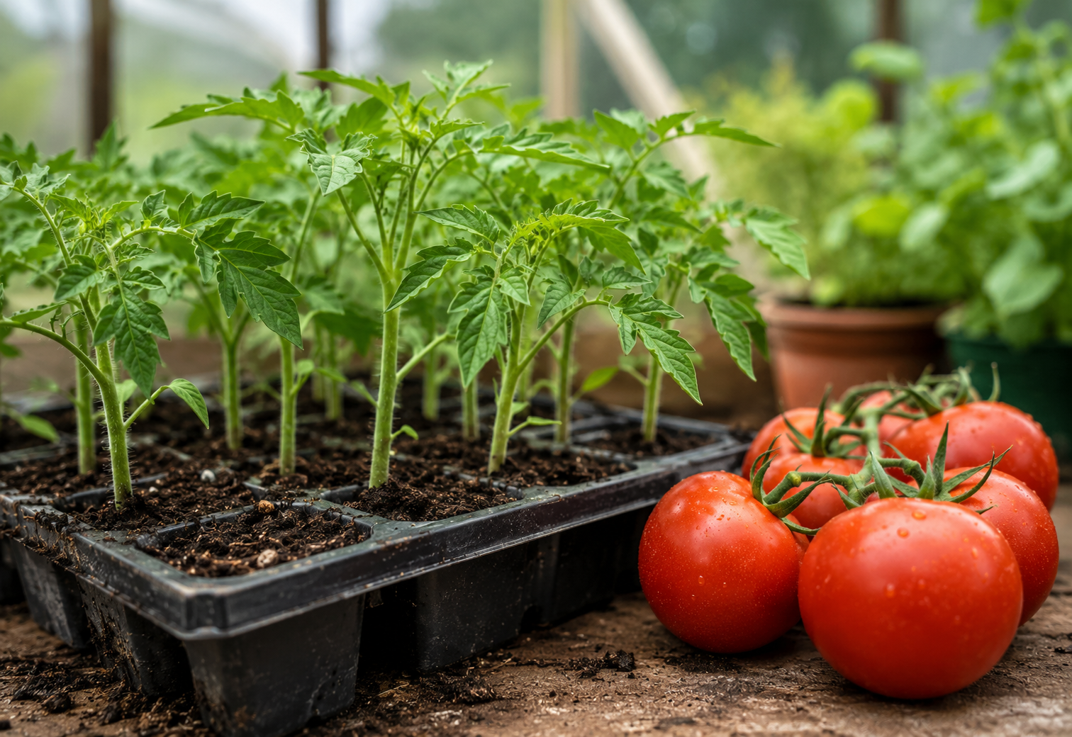 Vegetable seedlings, seed trays, compost, and tools on a greenhouse bench